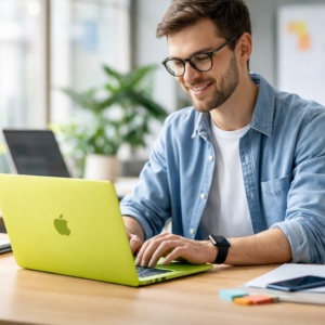 Marketer using MacbookNeo Citrus — generated illustration