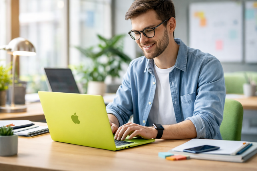 Marketer using MacbookNeo Citrus — generated illustration