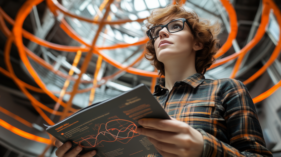 Handsome female marketer with a brochure