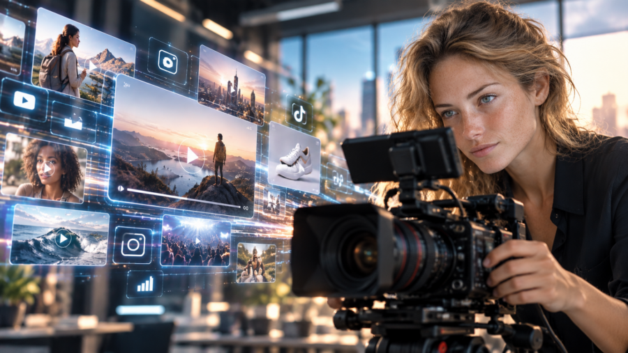 Opératrice vidéo utilisant une caméra professionnelle dans un studio futuriste, entourée de projections illustrant le marketing vidéo, les réseaux sociaux et l'IA.